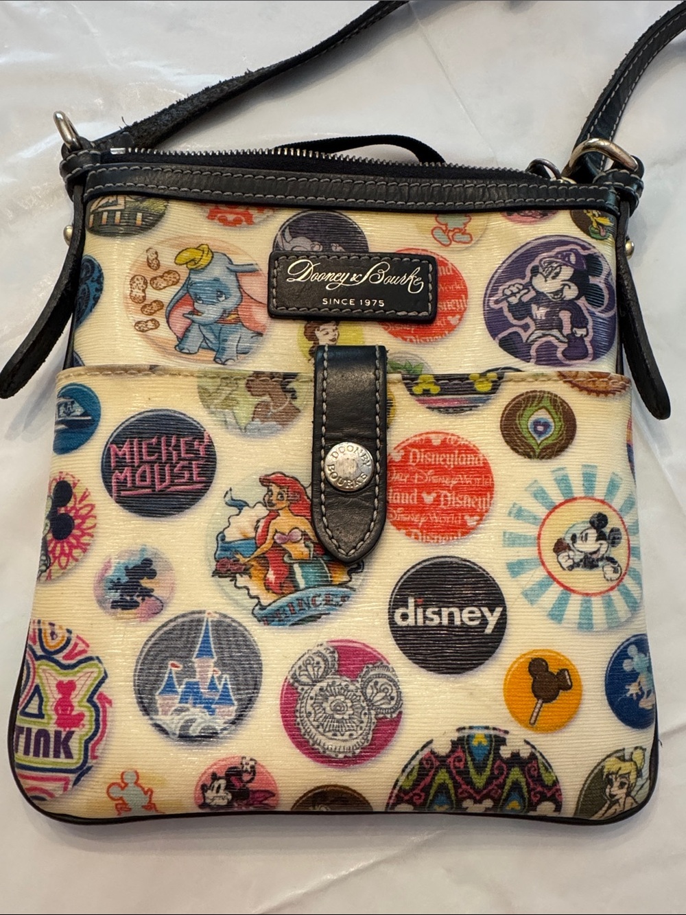 Dooney & Bourke Cream Disney Icon Crossbody with Multicolor Medallions